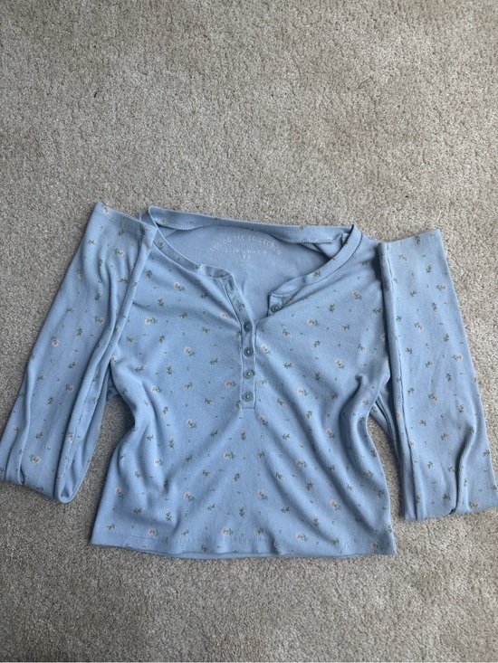 AERO Tops - Light Blue Floral Henley Long Sleeve Tee by
